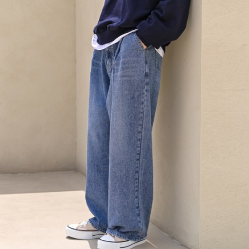 남성용 주름 워싱 핀턱 와이드 데님 팬츠